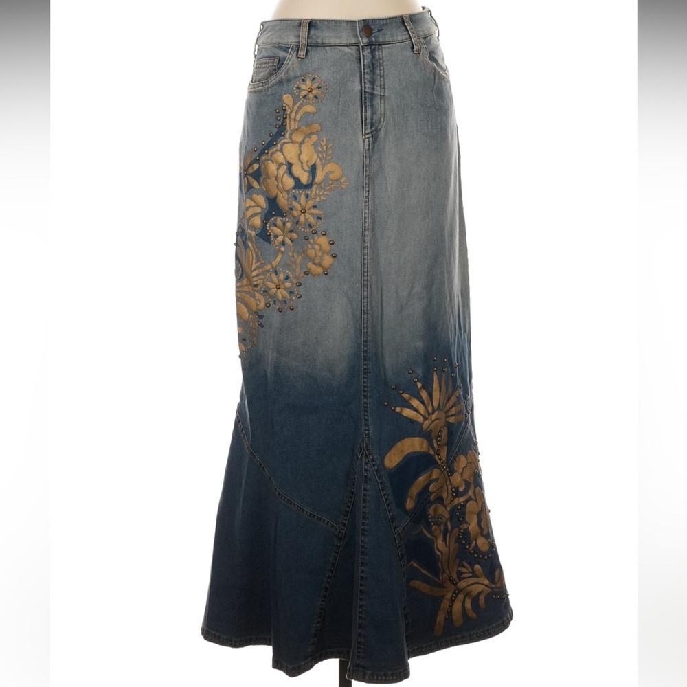 VTG Double D Ranch Blue Denim Embroidered Studded Skirt SZE2 Western Yellowstone - Picture 2 of 8
